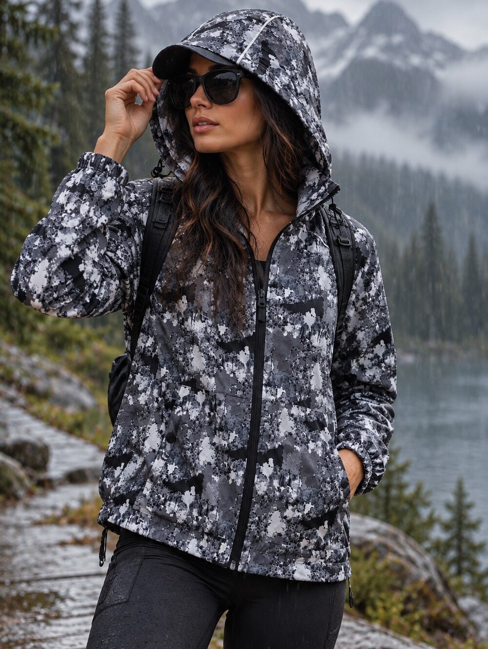 Hunter Hooded Lightweight Rain Jacket Windbreaker Gray Camo Print Women's Medium